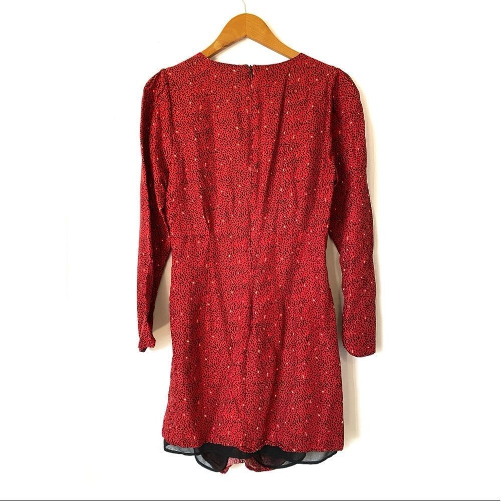 ZARA Red Black Print Side Ruched V-neck Long Sleeve Mini Dress - Picture 4 of 8